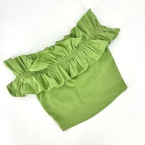 Zara NWT Pear Green Ruffled Off-the-Shoulder Ribbed Crop Top, Medium